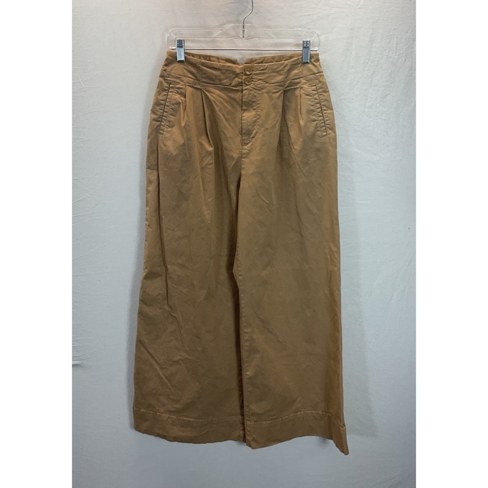 Maeve by Anthropologie Wide-Leg Pleated Pants in Khaki Tan Cotton Sz 4 Casual - Picture 2 of 10